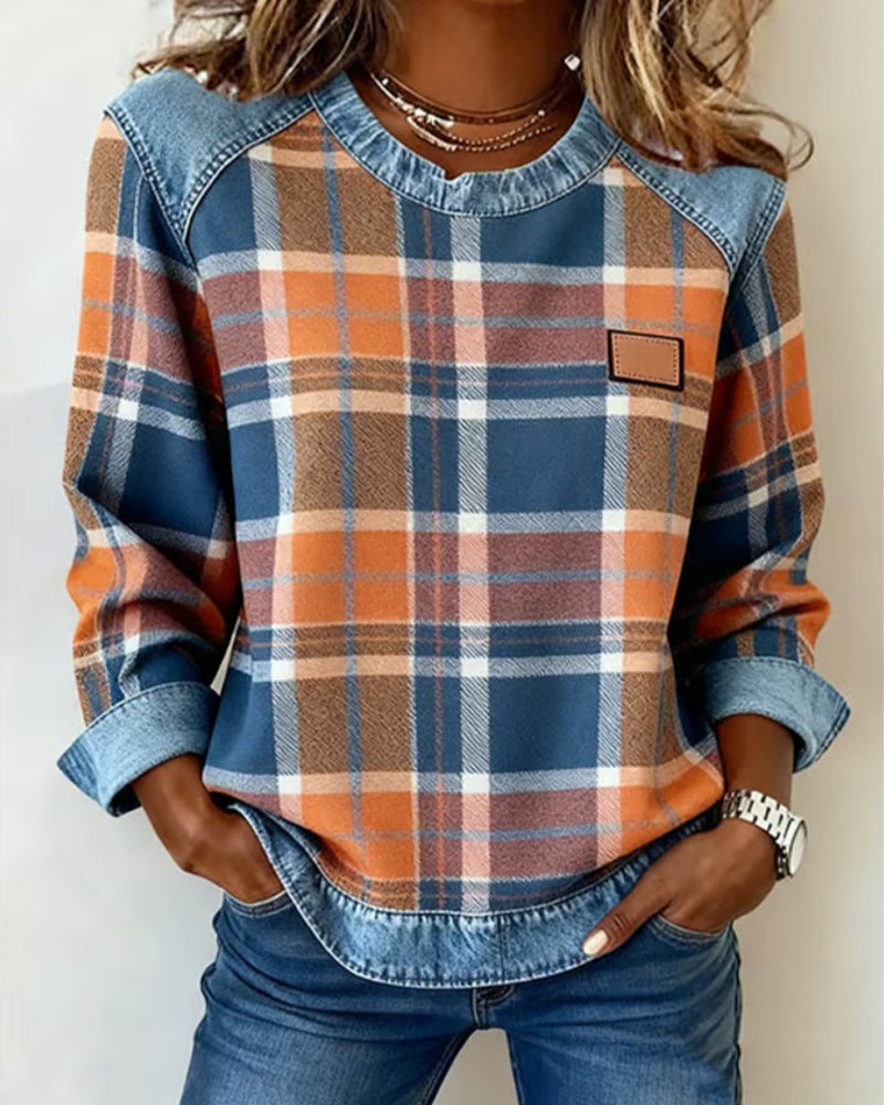 Lindyn™ Plaid Denim Trim Pullover